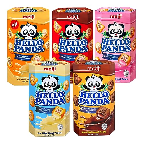 Meiji Hello Panda Biscuits Flavoured Fillings Snacks (Pack of 5 Assorted Flavours) Halal