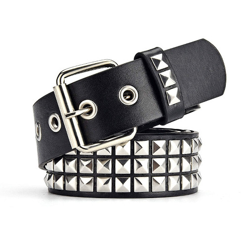 Black Studded Belt Punk Rock Rivet Belt Grommet Threads Belt with Bright Metal Pyramid for Women Men - Black