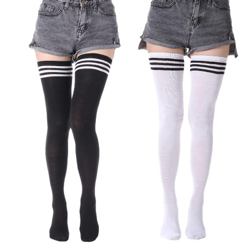 H HOME-MART 2 Pairs Extra Long Over the Knee High Boot Stockings Leg Warmers Warm Stocking Women Boot Sock Leg Warmer Thigh High Socks for Daily Wear, Cosplay Black (Black+White(Stripes))