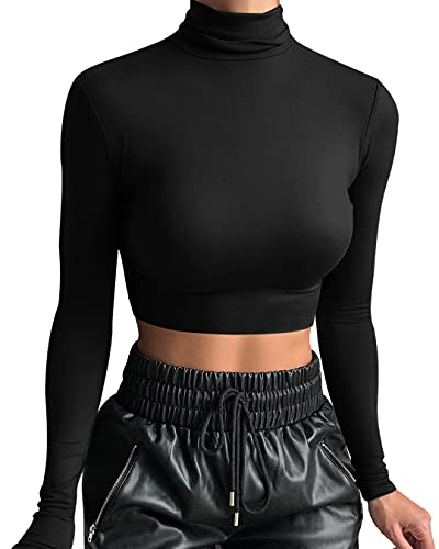 LCNBA Women's Long Sleeve Crop Top Turtleneck Sexy Basic Cropped Tops Shirt - Black Small