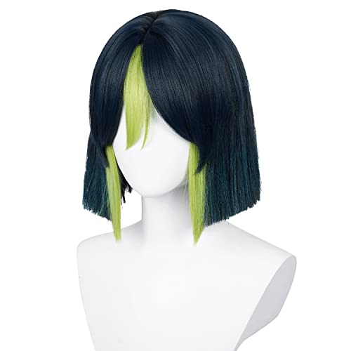 Uniquebe Tighnari Cosplay Wig Short Striaght Wigs for Game Anime Cosplay, Women Girls Blue Mixed Green Wigs with Bangs Elf Ears + Free Cap for Halloween Cosplay (Blue Mix Green Tighnari) - Blue Mix Green Tighnari