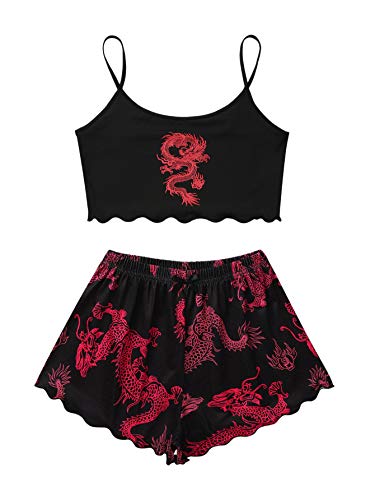 SOLY HUX Women's Cute Cartoon Print Lettuce Trim Cami Top and Shorts Cute Pajama Set Sleepwear - Small - Black Dragon