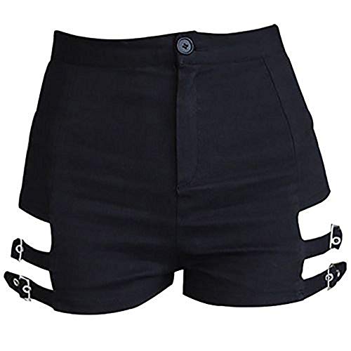 Women Sexy Hollow Out Goth Punk Rock Shorts High Waist Metal Buckle Dance Short for Party Club - Black-cloth Belt - X-Small