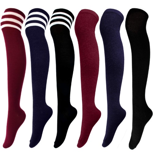 Aneco 6 Pairs Over Knee Thigh Socks Knee-High Warm Stocking Women Boot Sock Leg Warmer High Socks for Daily Wear, Cosplay - Black Series,burgundy Series,navy Series
