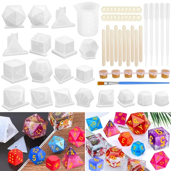 Resin Dice Molds, Shynek 19 Styles Polyhedral Game Dice Molds Set with Silicone Dice Mold, Mixing Sticks, Measuring Cup, Droppers, Acrylic Paints Set for Epoxy Resin Dice Making - 