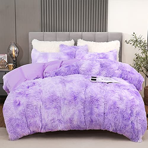 Fluffy Plush Purple Duvet Cover Set Queen Size, Luxury Soft Velvet Fuzzy Comforter Cover Bed Sets 4Pcs(1 Faux Fur Duvet Cover + 2 Pillow Cases + 1 Pillow Cover) Zipper Closure (Queen, Purple) - Purple - Queen