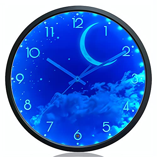 OCEST Night Light Wall Clock for Bedroom, 12 Inch Silent Battery-Operated LED Wall Clocks for Living Room/Kitchen, Glow in The Dark Large Digital Display Wall Clock Kids Birthday Gift -Moon - Blue Moon Wall Clock