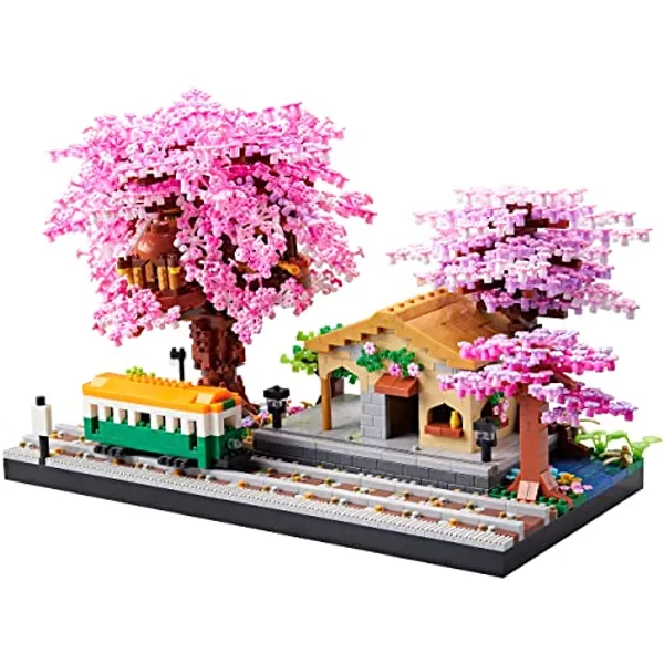 LUKHANG Sakura Train Station Model Kit - 3668pcs Micro Blocks, Captivating Architecture Building Set, Relaxing and Creative Gift for Adults, Charming Cherry Blossom Aesthetic