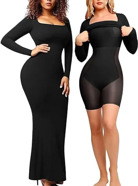 Popilush The Shapewear Dress Bodycon Maxi/Mini Built in Shaper Bra 8 in 1 Women Lounge Long Sleeve Dresses