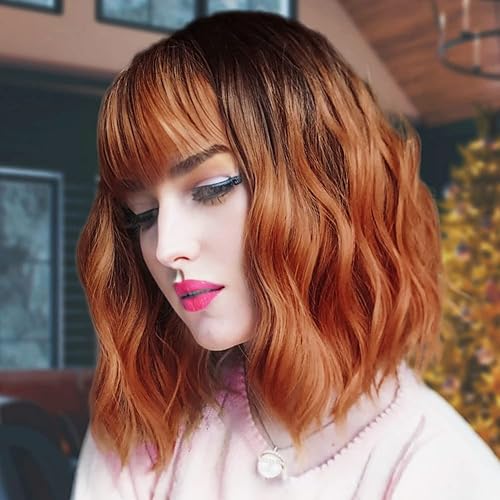 BESTUNG blond Perücke für Frauen, natürliches synthetisches Haar Ombre Bob Perücken mit ordentlichem Pony dunkler Wurzel für Alltag/Party/Cosplay (copper red) - Kupferrot