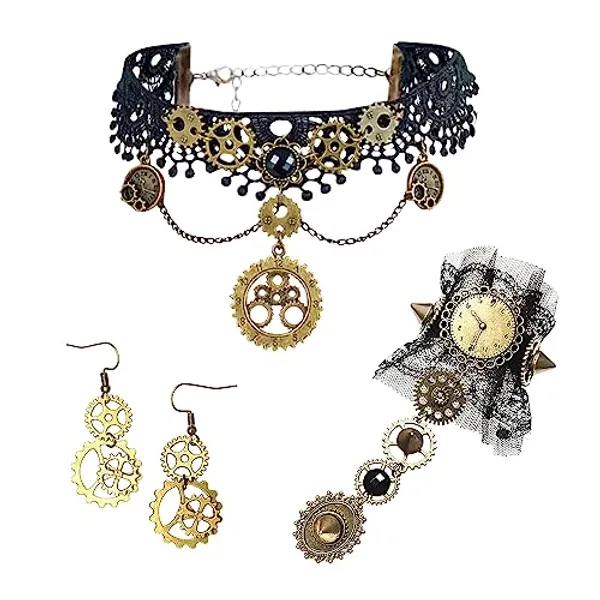 JeVenis Steampunk Damen Steampunk Accessoires Gothic Damen alskette Spitze Gotisch Choker Halskette Armbänder Steampunk Ohrringe Karneval Kostüm