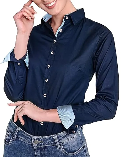 HEVENTO Damen Bluse Hemdbluse Langarm Navy, elegant und hochwertig