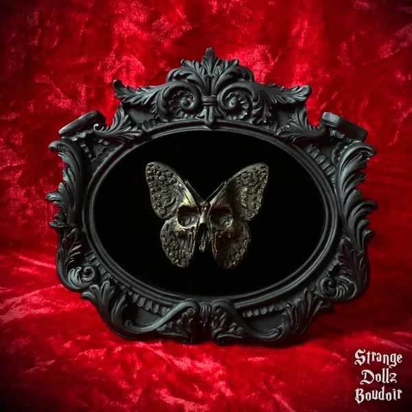 Back in stock - The Deadly Butterfly, handmade gothic home decor, ornate frame, death moth, Strange Dollz Boudoir