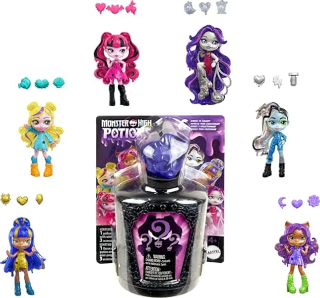 Monster High Potions Mini Dolls and Accessories, Surprise 3-inch Character Figures in Display Bottle with Water Reveal & Charms (Characters May Vary)