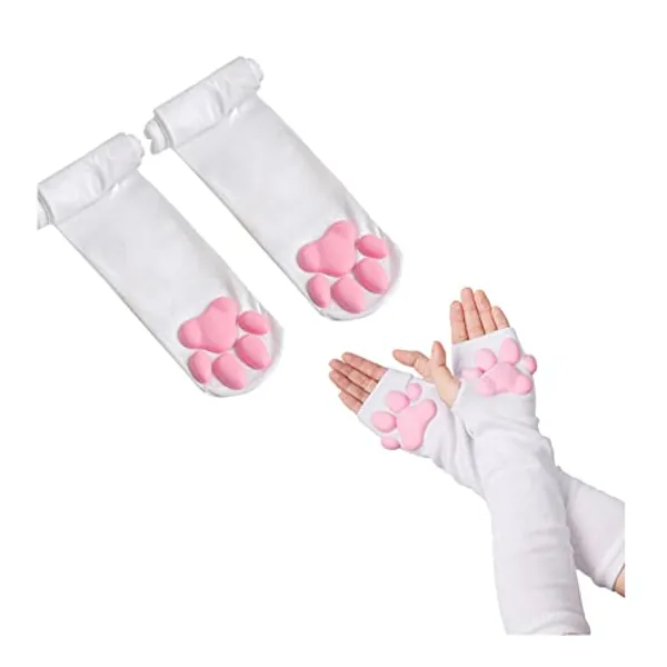 Cat Paw Thigh High Socks Golves, Cute Soft 3D Toe Beans Socks Mittens Kitten Claw Pad Socks for Girl Women Cosplay Set…