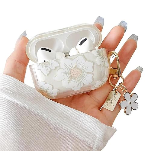MINSCOSE Compatible with AirPods Pro Clear Case,Cute Cartoon Flower Pattern Design with Floral Keychain, Soft TPU Protective Shockproof Case for AirPod Pro for Girls Women-White - White - Airpods Pro