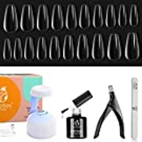 Beetles Easy Gel Tips Nail Extension Kit, 2 In 1 Nail Glue Gel Base Coat with Pre-shaped Medium Coffin Nails and U V LED Nail Lamp Acrylic Nail Clipper for Gel Art DIY Manicure Fast Nail Extension Kit