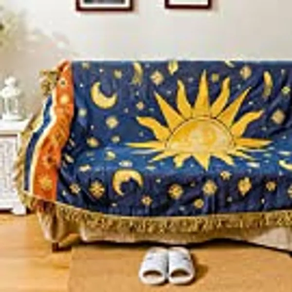 Throw Blanket Sun and Moon Stars Hippie Throw Blanket Celestial Tapestry Double-Sided Reversible Woven Cotton Home Decor Bedding Chair Couch Recliner Cover Loveseat Rug Tassels Blue Yellow (71"x51")