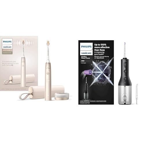 Philips Sonicare 9900 Prestige Rechargeable Electric Power Toothbrush with SenseIQ, Champagne, HX9990/11 & Cordless Power Flosser 3000 - Black