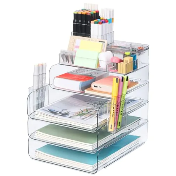 CiWiVOKi 5 Tier Office Organization and Storage, Clear PET Paper Letter Tray Holder, Stackable File Document Desk Organizer with 5 Compartments, 2 Pen Holder and Storage for Desktop Accessories