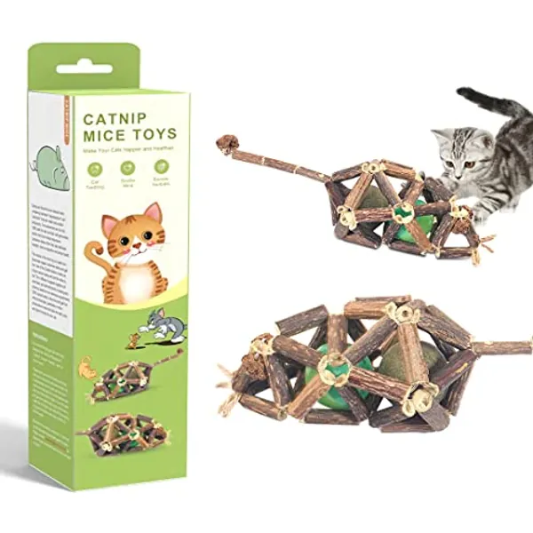 Potaroma Catnip Toys, 2Pcs Cat Toys Natural Silvervine Stick Cage Balls & Bell Ball for Indoor Kittens, Teeth Cleaning Molar Matatabi Cat Chew Toy All Breeds