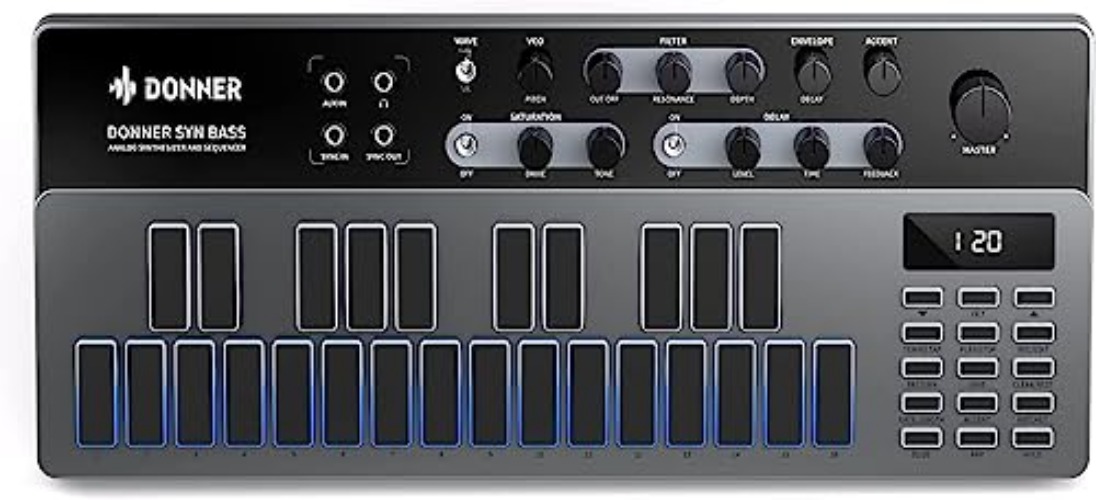 Analog Bass Synthesizer and Sequencer, Donner Essential B1 with Intuitive User Interface, 128 Patterns Memory, Saturation & Delay Effects, Make for Classic Acid Sound - Donner Essential B1