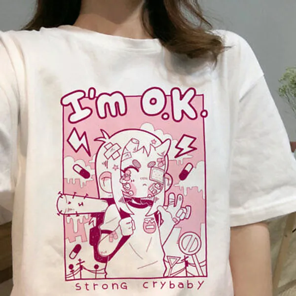 Cartoon cute Strong Crybaby Japanese streetwear Harajuku pink kawaii casual top  | eBay