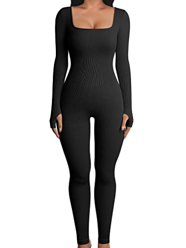 OQQ Women Yoga Jumpsuits Workout Ribbed Long Sleeve Sport Jumpsuits - Medium - Black