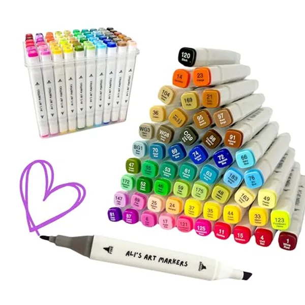 ALI'S ART MARKERS, Alcohol Markers, Dual Tip Double Ended Marker, 60 Colours, Clear Plastic Storage Case, Drawing, Sketching