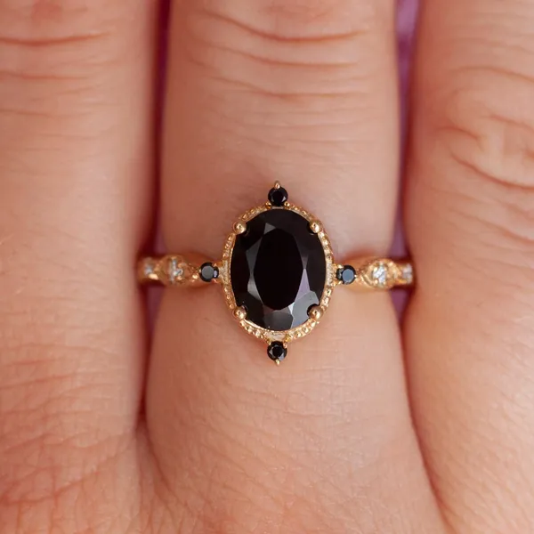 Amelia Oval Vintage Inspired Black Spinel Ring by Capucinne Blue - Yellow Gold Vermeil / 6