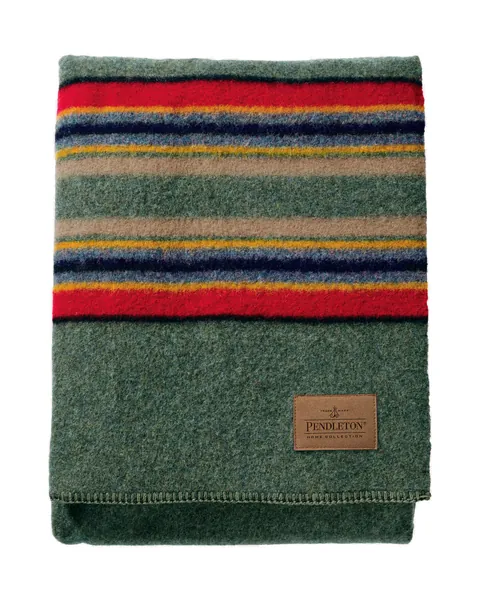 Pendleton Yakima Camp Thick Warm Wool Indoor Outdoor Striped Throw Blanket, Green Heather, Queen Size