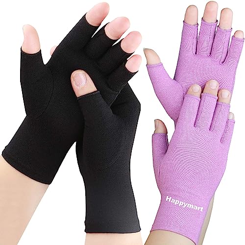 Happymart 2 Pairs Arthritis Gloves for Women for Pain, Compression Gloves for Carpal Tunnel Relief, Rheumatoid Osteoarthritis, Fingerless Gloves for Women and Men, Typing (Pure Black + Purple, Medium) - Medium (2 Pair) - Pure Black + Purple