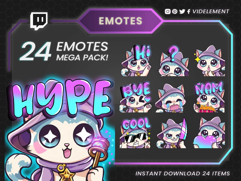 Twitch emotes, twitch sub emotes, discord emotes, text emotes, white cat emotes, wizard cat emote, cat twitch emote, cute emote, chibi emote