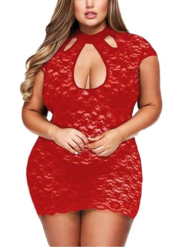 Plus Size Lingerie for Women Bust Keyhole Lace Babydoll Chemise Mesh Sleepwear - Red - X-Large