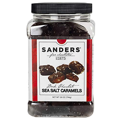 Sanders Dark Chocolate Sea Salt Caramels, Kettle Cooked Caramel Covered in Dark Chocolate, 28 oz Gift Tub - Dark Chocolate Caramel - 28 Ounce (Pack of 1)