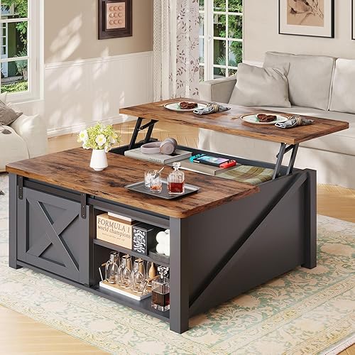SEDETA 31.5" Lift Top Coffee Table with Storage, Square Coffee Table for Living Room, Farmhouse Coffee Table with Large Hidden Storage Compartment and Adjustable Shelves, Black - Black