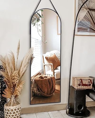 ITSRG Full Length Mirror, Arched Wall Mirror, Full Length Body Mirror, Wall Mounted Mirror with Hanging Leather Strap, Wall Mirror Full Length for Bathroom Living Room Entryway Decor(16"x48"Black) - Black