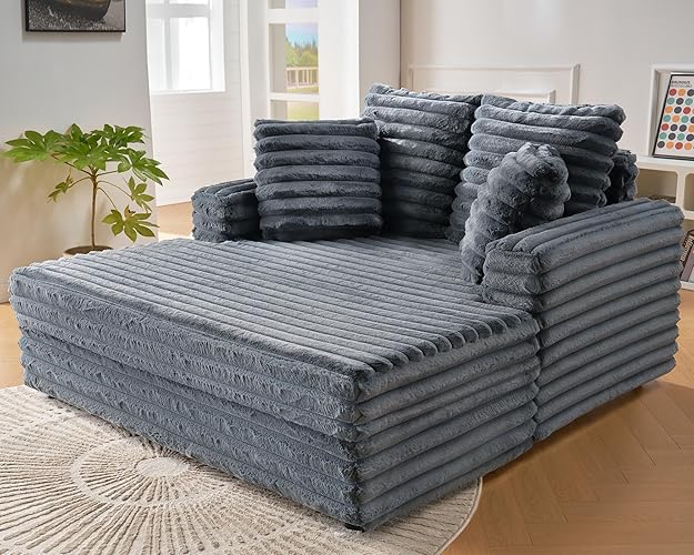 VanAcc 53 Inch Upholstered Chaise Lounge, Plush Sleeper Chair with Throw Pillows and Armrests, Sofa Bed Indoor for Living Room, Grey - Grey