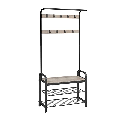 VASAGLE Coat Rack, Hall Tree with Shoe Bench for Entryway, Entryway Bench with Coat Rack, 4-in-1, with 9 Removable Hooks, a Hanging Rod, 13.3 x 33.1 x 72.1 Inches, Greige and Black UHSR400B02 - 33.1"W - Greige + Black