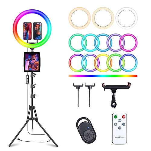 13" Selfie Ring Light with 76" Tripod Stand & 3 Phone Holder, LED Camera Ringlight with 48 RGB Colors Modes & Musical Rhythm Mode and 12 Brightness Dimmable for Makeup/Photography/Videos/Vlog/TikTok - 13" Musical Version