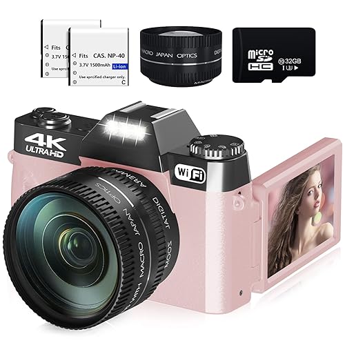 Digital Cameras for Photography, 4K 56MP Vlogging Camera for YouTube with WiFi, Manual Focus, 16X Digital Zoom, 52mm Wide Angle Lens & Macro Lens, 32GB TF Card and 2 Batteries(Pink) - Pink