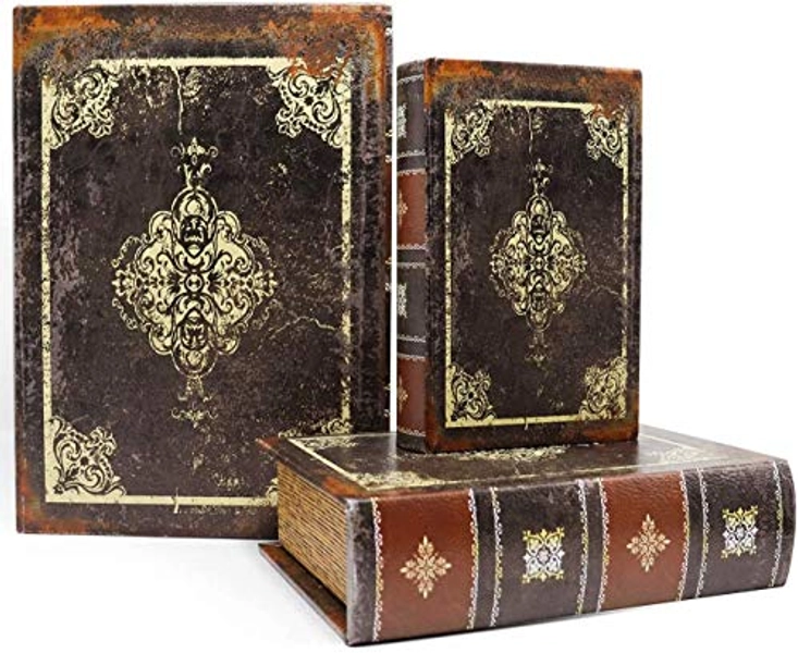 Jolitac Decorative Book Boxes, Antique Style, Magnetic Cover, Wooden storage box, Set of 3（Dark Vintage