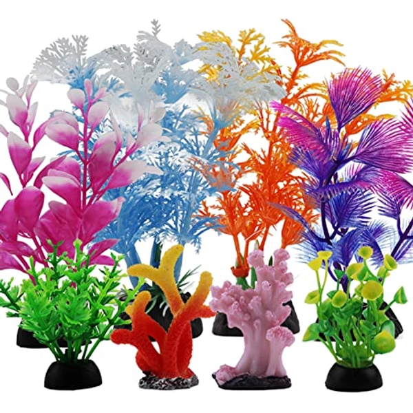 Fish Tank Decorations Plants with Resin Coral, PietyPet 8 pcs Aquarium Decorations Small Plants Plastic, Fish Tank Accessories, Aquarium Decor, Resin Coral and Colorful Plants
