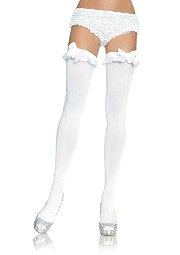 Leg Avenue Women's Opaque Thigh Highs with Satin Ruffle Trim and Bow - White