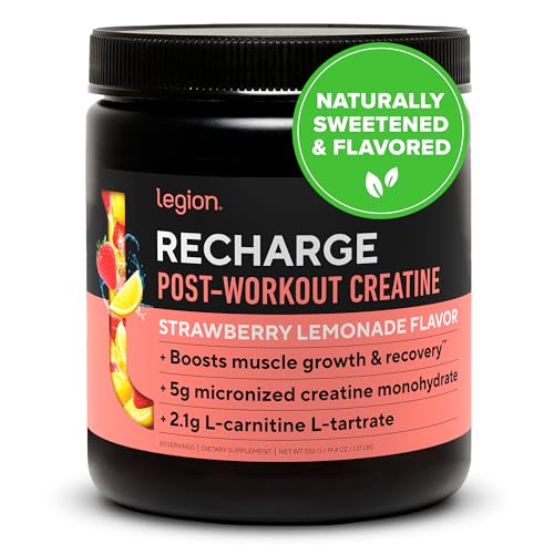 LEGION Recharge Post Workout Supplement (Strawberry Lemonade) - All Natural Muscle Builder & Recovery Drink with Micronized Creatine Monohydrate. Naturally Sweetened & Flavored 60 Serving - Strawberry Lemonade - 60 Servings (Pack of 1)