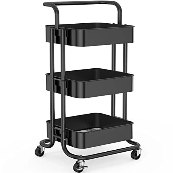 3 Tier Mesh Utility Cart, Rolling Metal Organization Cart with Handle and Lockable Wheels, Multifunctional Storage Shelves for Kitchen Living Room Office by Pipishell (Black)