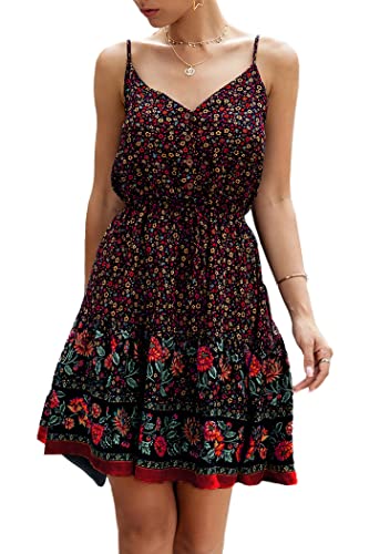 PRETTYGARDEN Womens V Neck Spaghetti Strap Sundress Swing Ruffle Summer Mini Short Dress - XX-Large - Black