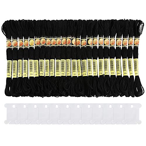 Pllieay 24 Skeins Friendship Bracelets Floss, Black Embroidery Threads Cotton Embroidery Floss with 12 Pieces Floss Bobbins for Halloween Knitting, Embroidery Stitching and Cross Stitch Project - Black