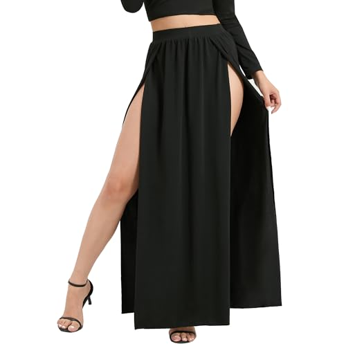 SILUI Women's High Waist Double Slit Sexy Plus Size Thigh Split Flowy Long Maxi Skirt - 3X-Large Plus - Black
