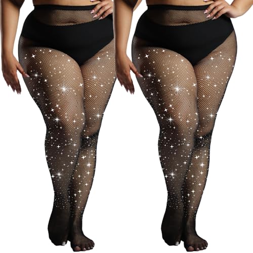 MERYLURE Ultra Strong Plus Size Rhinestone Fishnet Stockings for Women, Rip Resistant High Waist Sparkly Tights - 1X-2X - Pirate Black-2 Pair